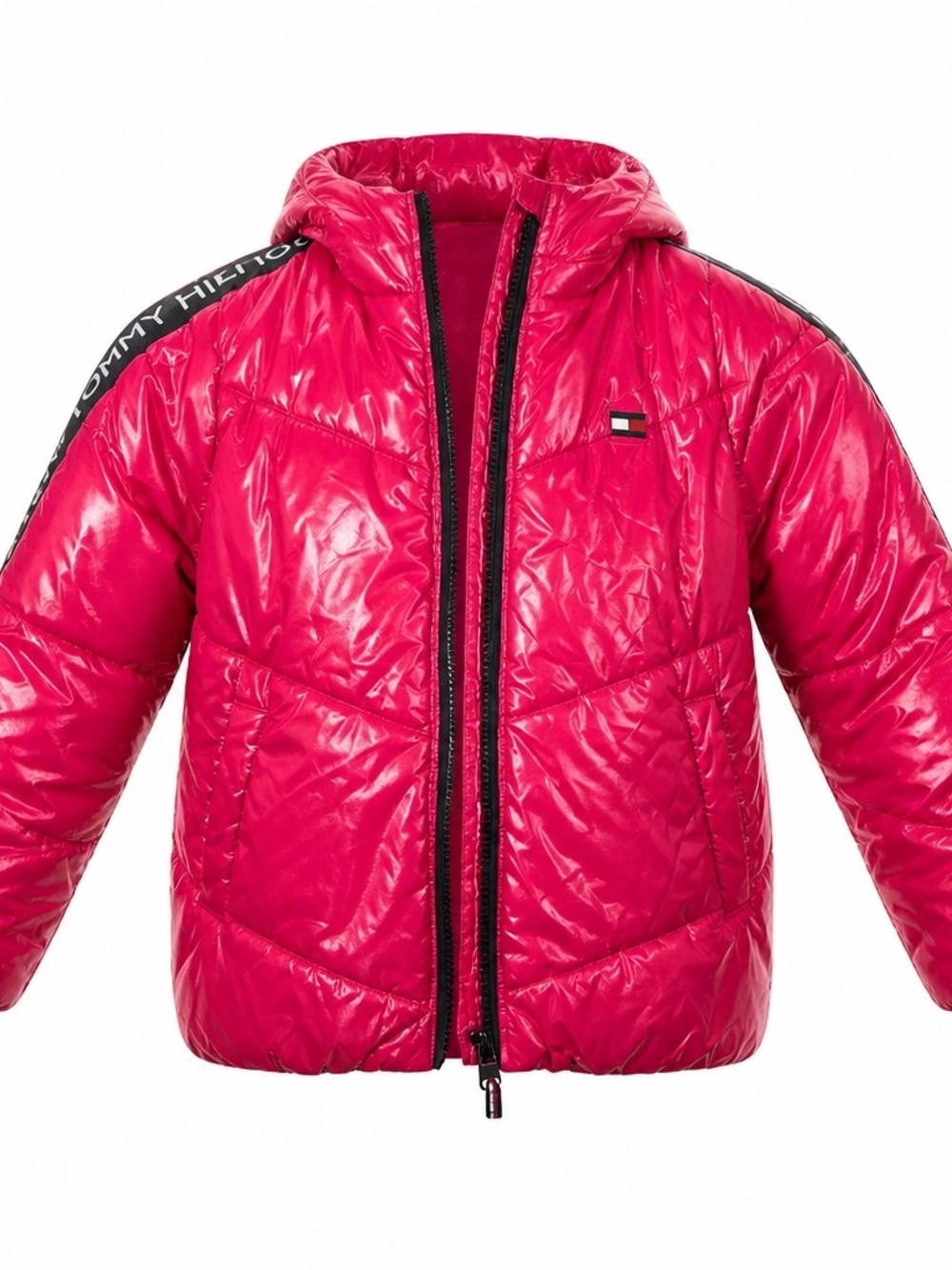 Tommy Hilfiger Girls Pink Metallic Puffer Jacket Faux Fur Hood Size 6